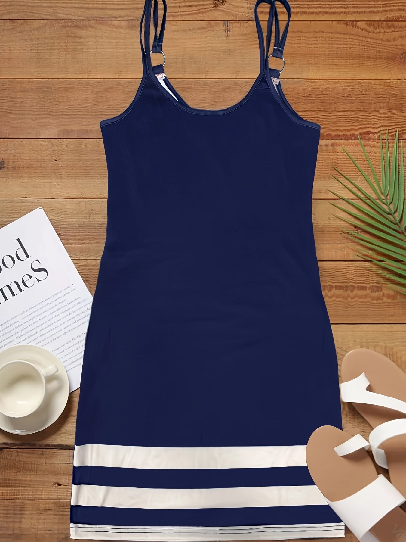 Chic European & American Style Women's Sleeveless Dress with Pockets - Casual Navy Blue Anchor Print, Ring Detail, Polyester & Spandex Blend, Machine Washable for Spring/Summer/Fall