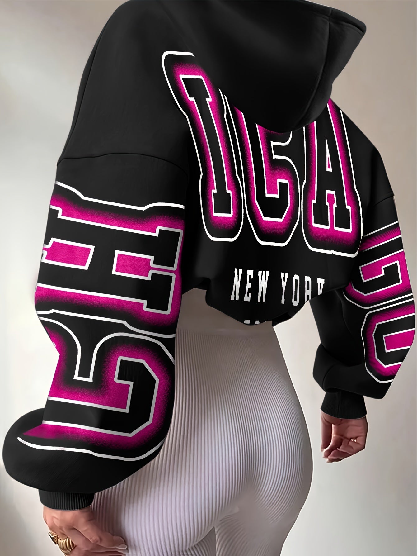 Spechir Chic Black Hoodie with Pink & White NYC Letter Design - Casual Polyester Blend, Long Sleeve, Machine Washable - Stylish Women's Fashion for Spring/Fall, Urban Fashion|Youthful Style|Knit Construction, Oversized Hoodie