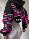 Spechir Chic Black Hoodie with Pink & White NYC Letter Design - Casual Polyester Blend, Long Sleeve, Machine Washable - Stylish Women's Fashion for Spring/Fall, Urban Fashion|Youthful Style|Knit Construction, Oversized Hoodie