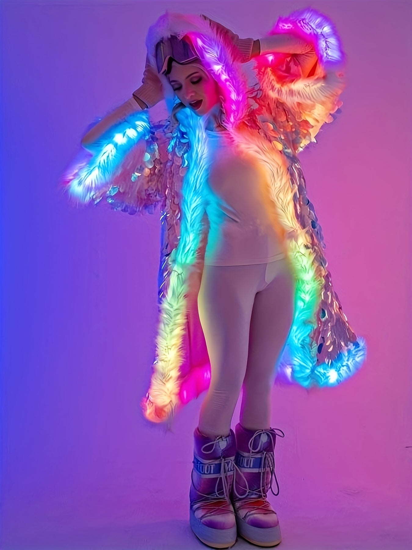 Women's LED Sequin Faux Fur Coat - Long Hooded Festival & Cosplay Outfit, USB-Powered, Flare Sleeves, Mermaid Tail Design, Vibrant Pink to Blue Gradient (Batteries Not Included), Cosplay Costume | Sequin Embellished | LED Lit