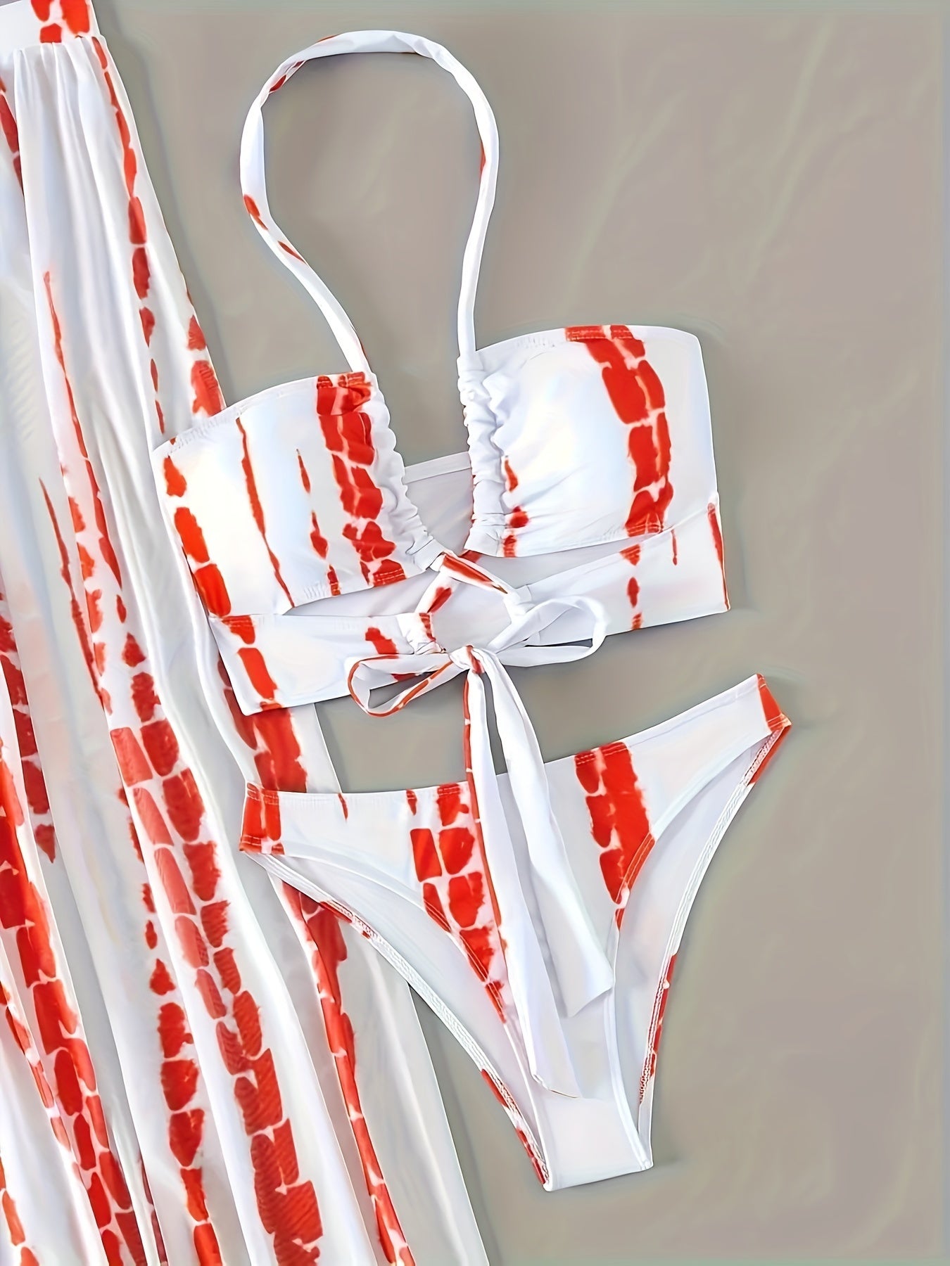 Women's Fashion Beach Vacation Bikini Set, Striped Print, Two-Piece Swimsuit with Halter Top And Skirted Bottom