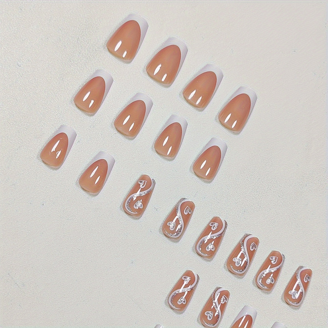 24pcs Mixed Color Short Square False Nails Set, Sexy Mature Style with Heart Pattern, Glossy Finish, Nail Art for Manicure