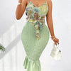 Tropical Print Shirred Cami Dress, Elegant Color Block Ruffle Hem Bodycon Dress For Spring & Summer, Women's Clothing