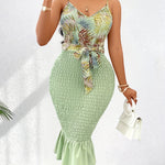 Tropical Print Shirred Cami Dress, Elegant Color Block Ruffle Hem Bodycon Dress For Spring & Summer, Women's Clothing
