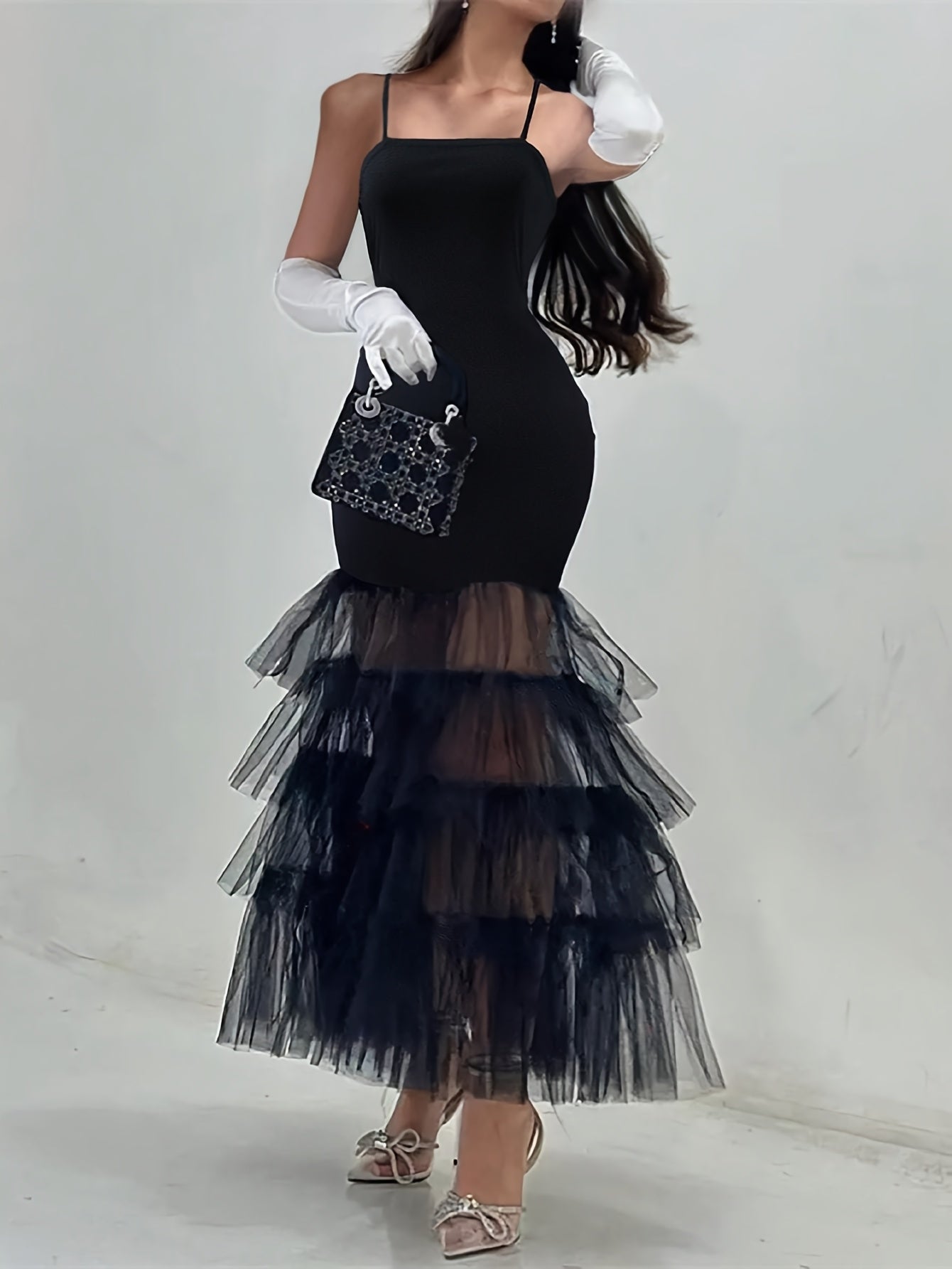 Women's Elegant Black Bodycon Party Dress with Sheer Mesh Layers, Thin Straps & Ruched Detailing - Machine Washable Formal Evening Gown, Event Ready | Sophisticated Tailoring, Evening Party Dress