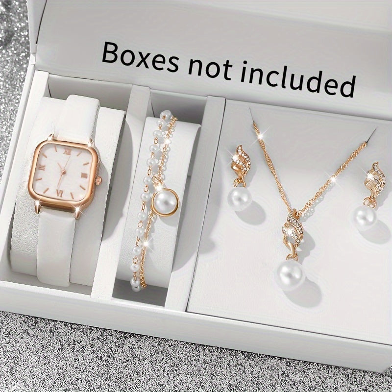 Elegant 5pcs Women'S Quartz Wristwatch and Jewelry Set with Square Alloy Case, Faux Leather Band, Non, Chic Simple Dial – Ideal for Work, Perfect Present for Halloween, Thanksgiving, Christmas
