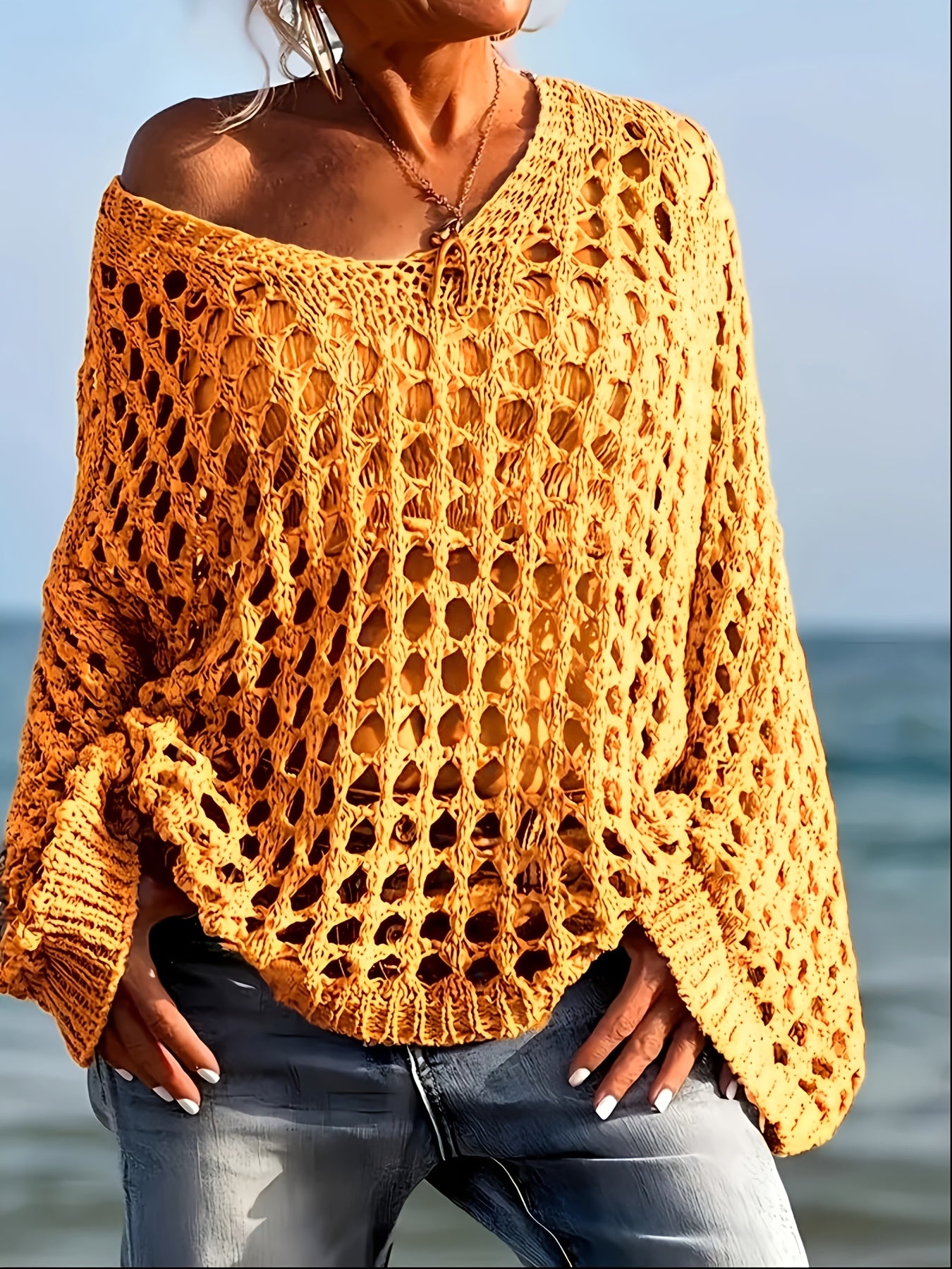 [Beach-Ready] Women's Crochet Knit Top | Long Sleeve | Polyester | Breathable | Casual | Spring & Summer