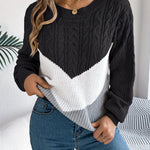 Elegant Color Block Crew Neck Sweater for Women - Cozy Acrylic Knit, Perfect for Fall/Winter