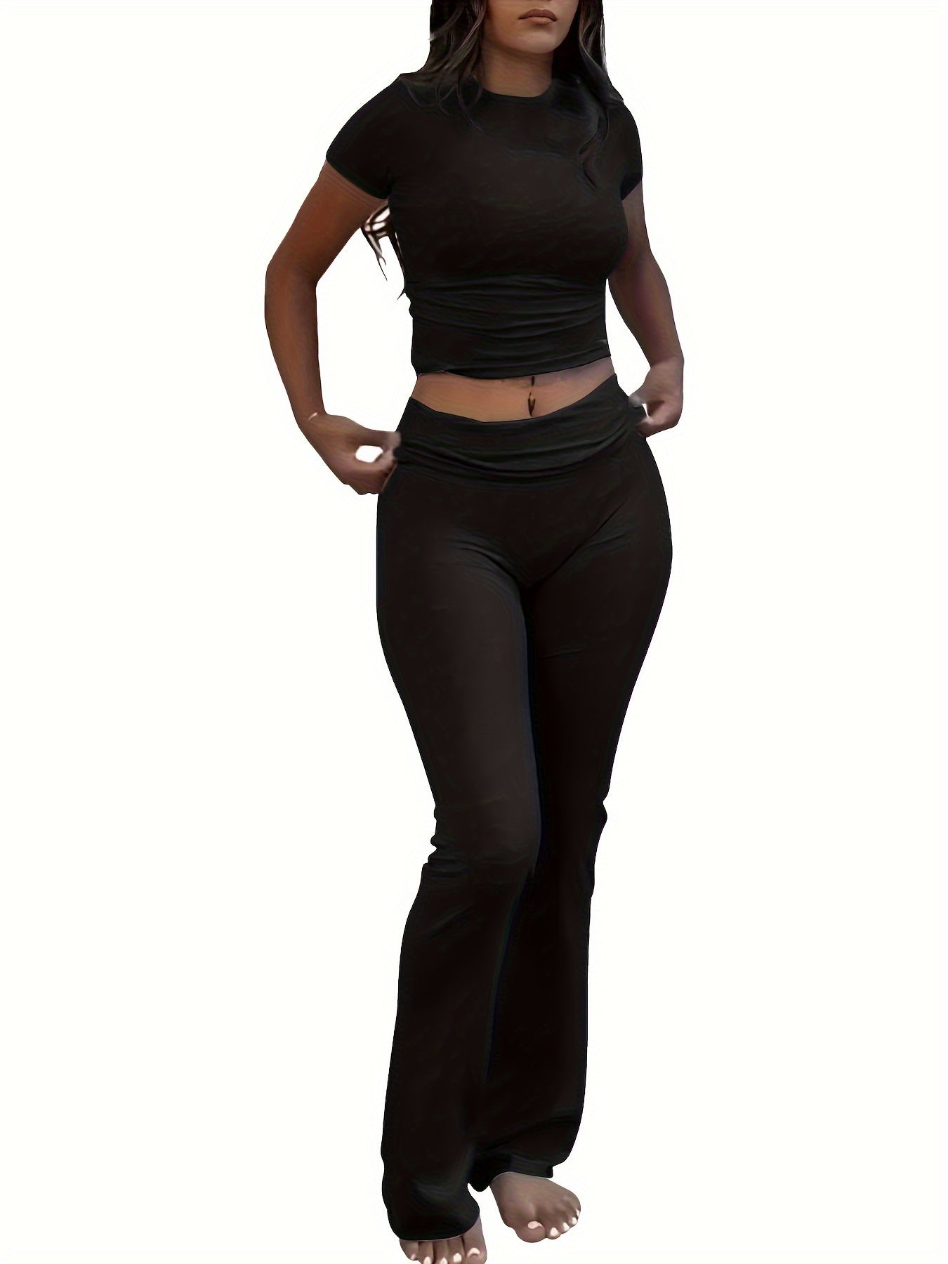 Women's Casual Slim Fit Two-Piece Pants Set – Short Sleeve Crew Neck T-Shirt & High Stretch Flared Leg Sport Pants Outfit