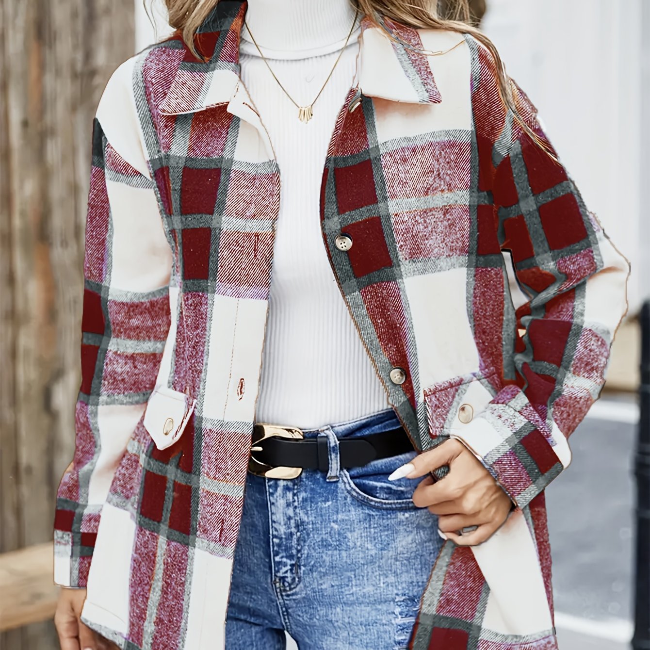 Elegant Plaid Long Sleeve Shirt, Women'S Blue, Polyester, Lapel Collar, Woven, 120gsm, for Spring/Summer