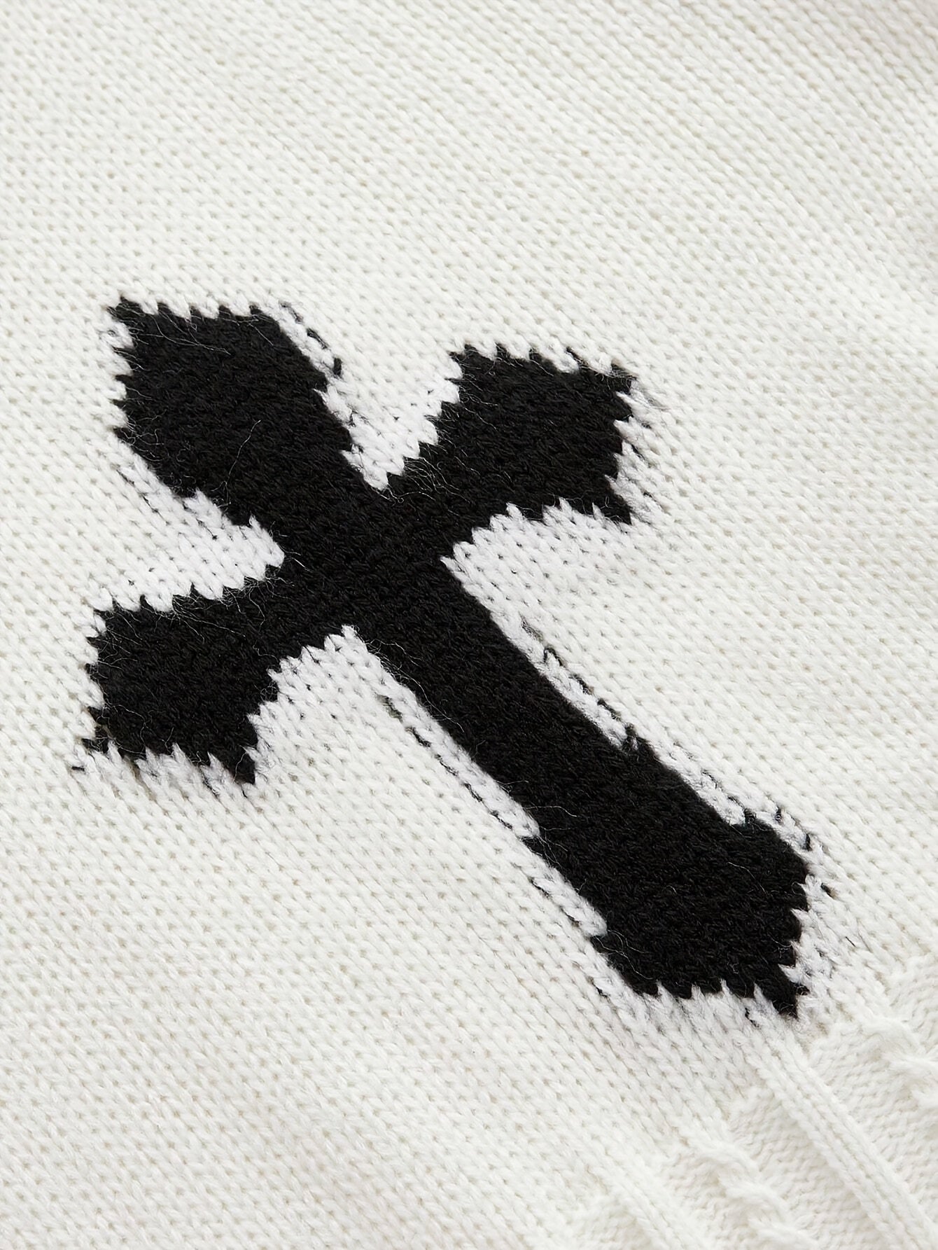 Women's Distressed Drop Shoulder Long Sleeve V-Neck Sweater - Elegant White Knit Pullover with Black Cross Pattern, Frayed Hem Detail, Acrylic Material for Spring/Summer, Ladies Sweaters
