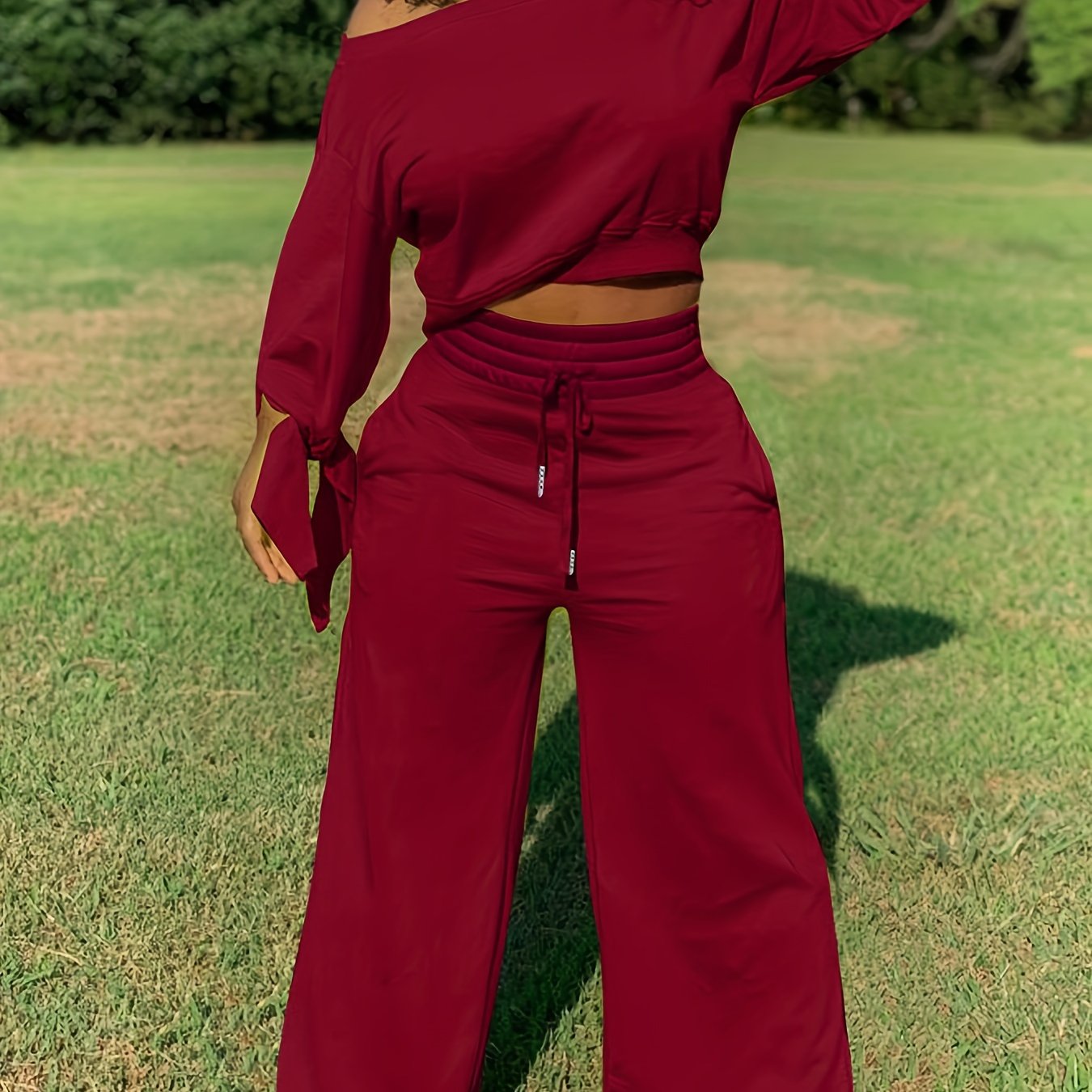 1set Women'S Solid Color Asymmetrical Sleeve Sweatshirt and Pants Set, Casual Crew Neck Polyester Knit Fabric, All-Season Lounge Wear