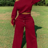 1set Women'S Solid Color Asymmetrical Sleeve Sweatshirt and Pants Set, Casual Crew Neck Polyester Knit Fabric, All-Season Lounge Wear