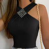 Women'S Off-Shoulder Rhinestone Embellished Pleated Top, 100% Polyester Knit Fabric, Slim Fit Sleeveless Casual Blouse for Spring/Summer