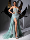 QOQ Women'S Bandeau Beaded Mesh Stitched Dress Mint Green Back Lace Zipper Hip High Slit Ladies Bridesmaid Dress Prom Dress