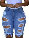 Ripped Cuffed Hem Bermuda Denim Shorts, Distressed Washed Blue Denim Shorts, Women's Denim Jeans & Clothing