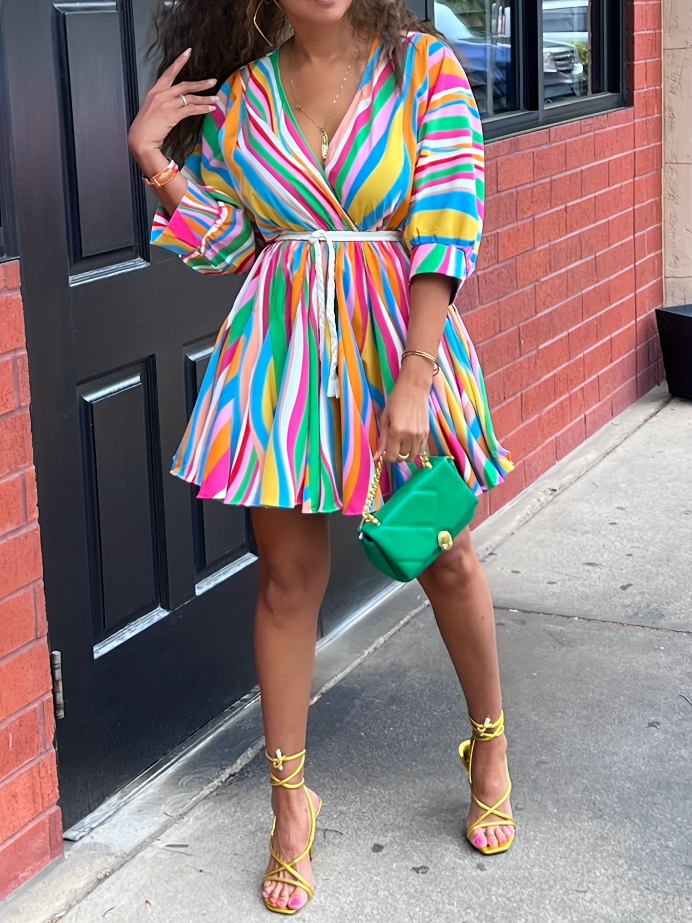 Colorful Striped V-Neck Dress with Belt - Casual A-Line, Long Sleeve, Machine Washable Polyester Blend - Vibrant Streetwear Style for Women