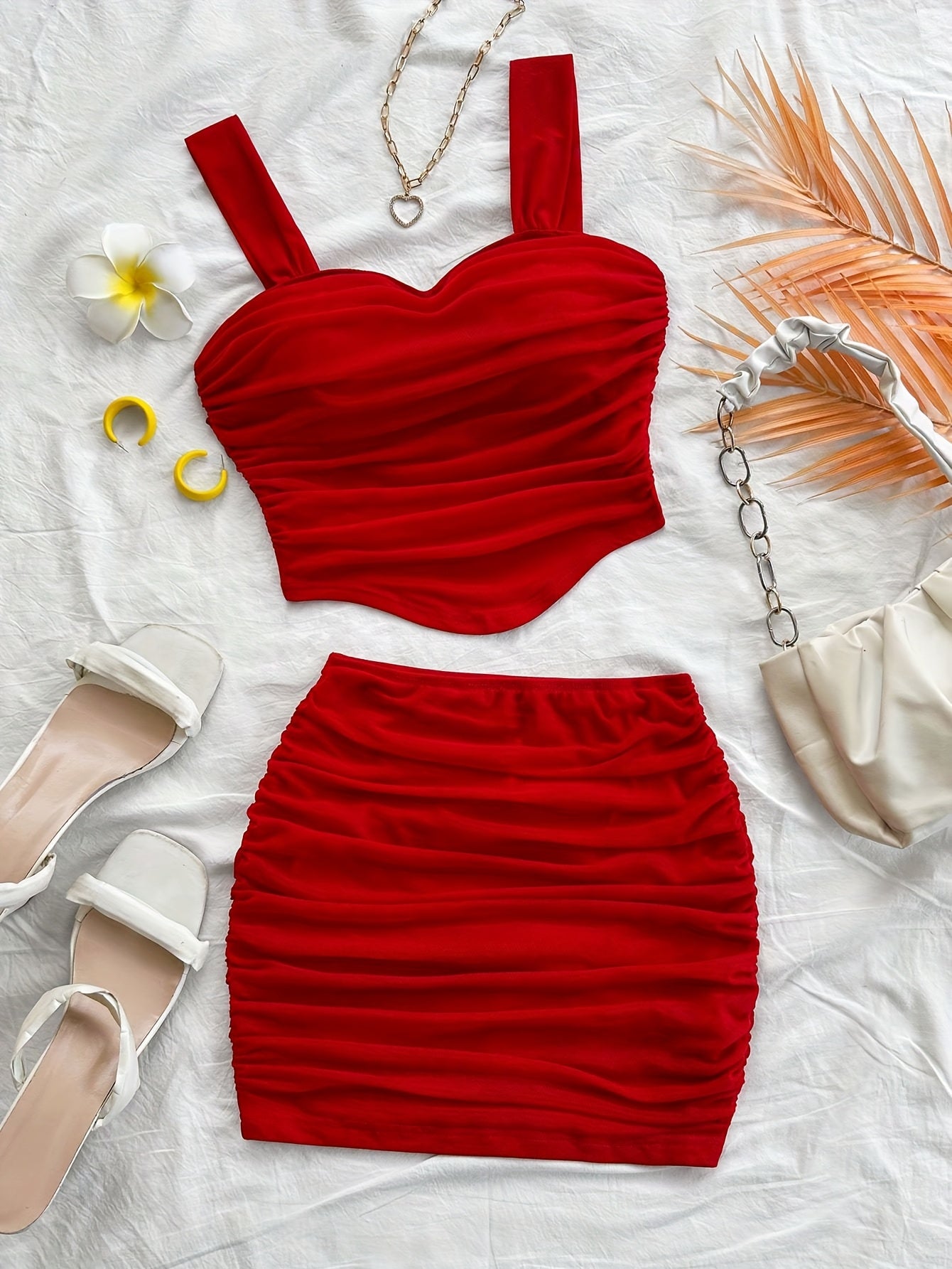 2pcs heart-shaped neckline bodysuit and mini skirt set, suitable for dates and Valentine's Day sexy clothing