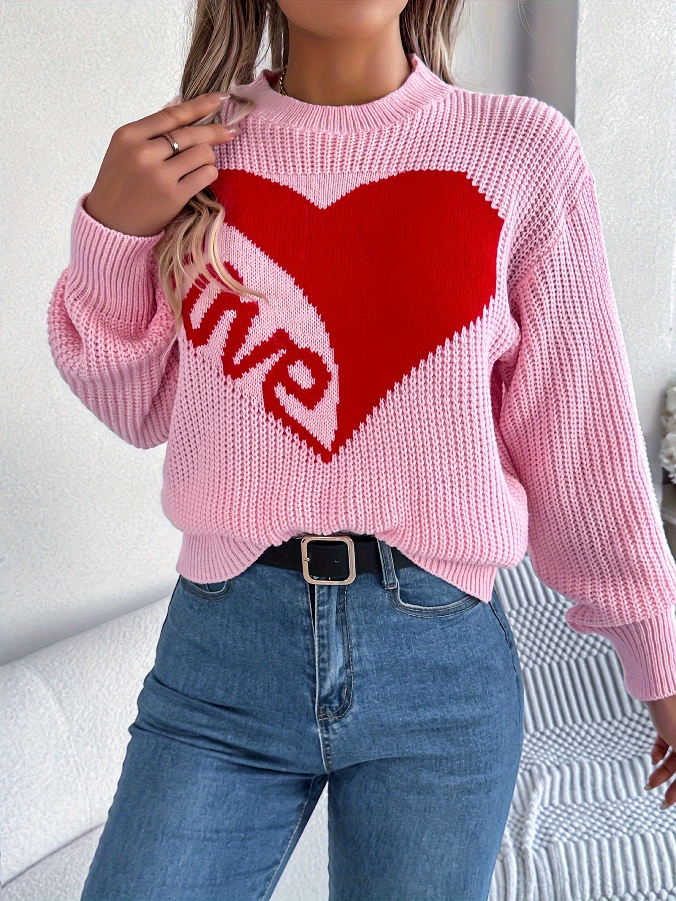 Cozy Love Heart Long Sleeve Pullover Sweater - Casual Vacation Style, 100% Acrylic, Round Neck, Non-Transparent with Geometric/Letter Pattern, Perfect for Fall/Winter