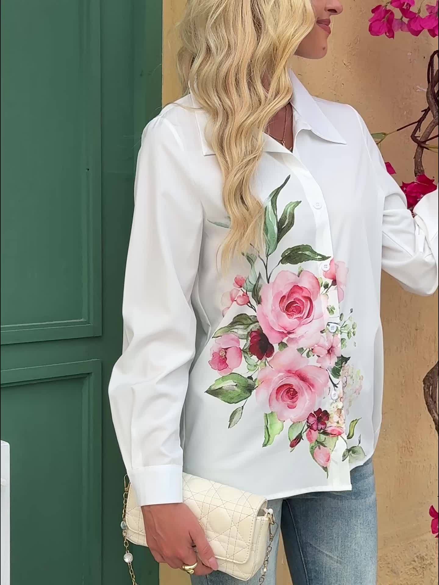 Women'S Floral Print Long Sleeve Casual Button-Up Shirt - White with Pink Roses & Green Leaves, Perfect for All Seasons, Casual Attire|Floral Print Shirt|Long Sleeve Shirt