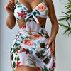 2pcs Floral Print Knit Nylon Swimsuit Set, High Stretch, Hollow-Out, Halter Neck, Sun Protection Swimwear