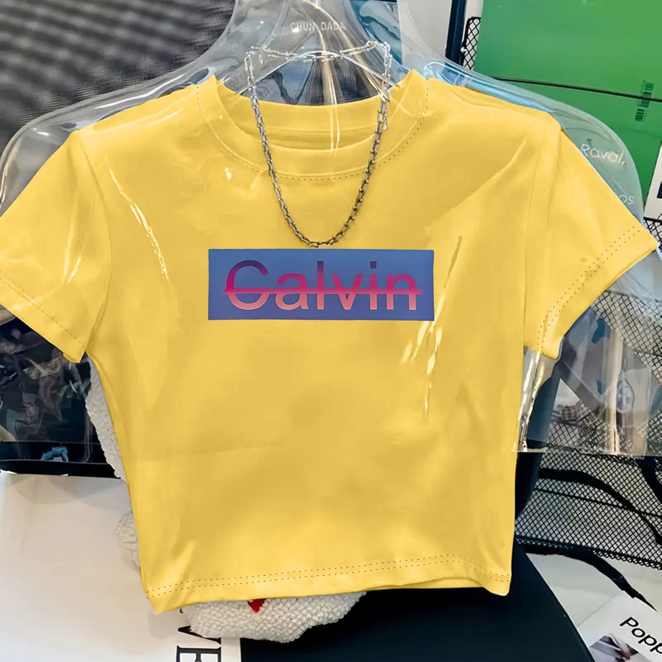Women's Y2K Style Cropped T-Shirt with Bold CALVIN Monogram Print - Vibrant Red & Blue Lettering, Soft Comfortable Fabric, Machine Washable, Versatile Casual & Dressy Outfits