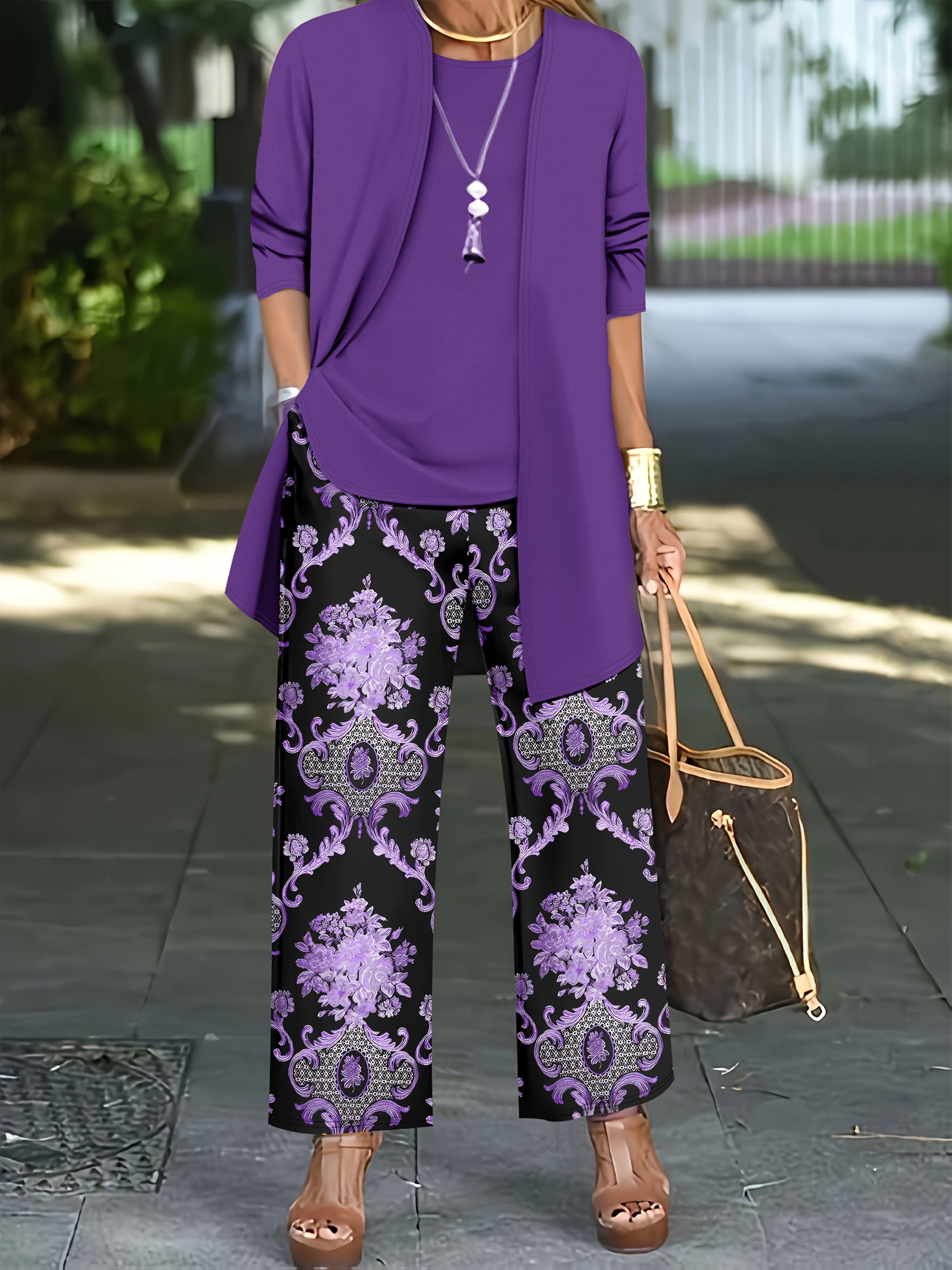 Women'S Elegant Plus Size Solid Color Cardigan and Tank Top Set with Paisley Print Pants - Stylish Three-Piece Outfit for Casual Attire, Casual Attire|Paisley Print Pants|Stretchy Fabric, Plus Size Clothing