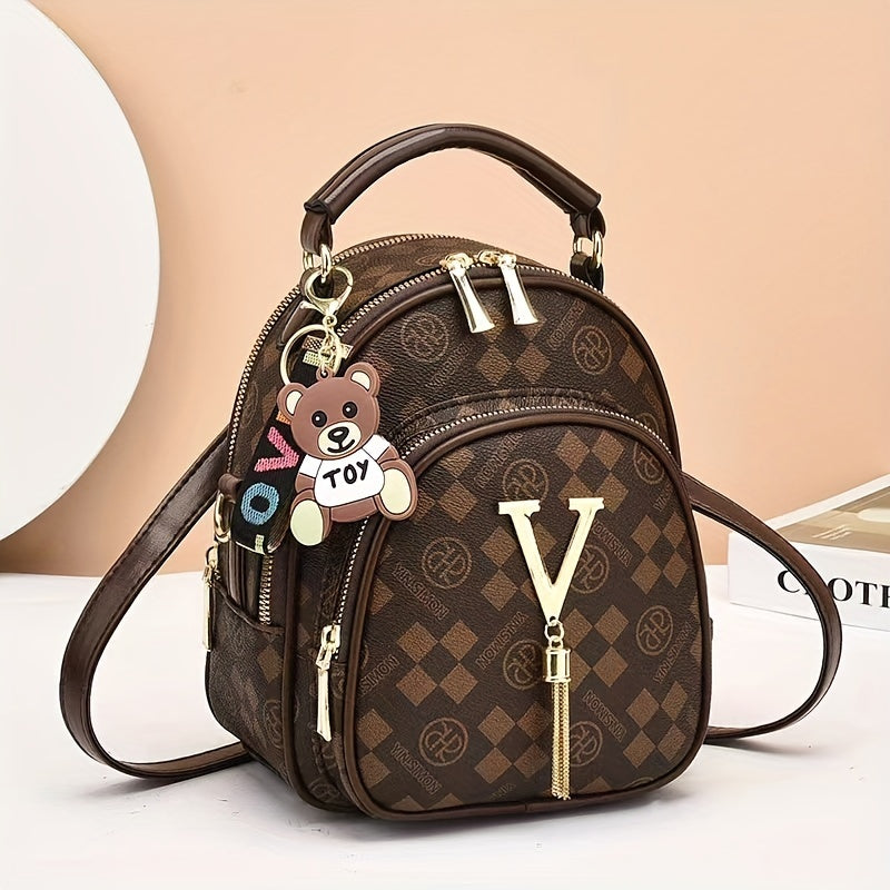Luxury Checkered Backpack with Golden Accents - Perfect for Casual Outings