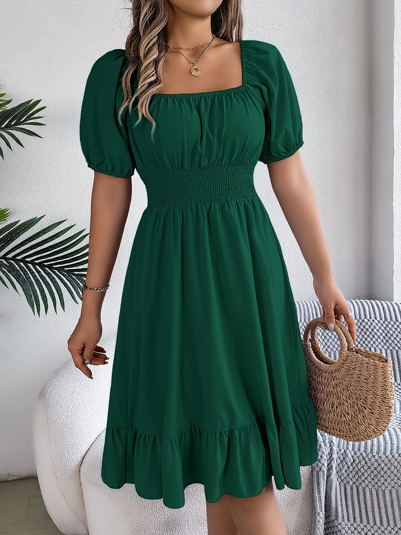 1pc Women'S Elegant Square Neck Short Sleeve A-Line Dress with Ruffle Detail, Polyester Woven Fabric, Solid Color, Spring/Summer/Autumn Collection