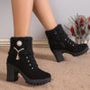 Women's Block Heeled Ankle Boots - Faux Pearl Decor Knit Stitching Booties - Fashion Winter Zipper High Heeled Boots - For Women - Suitable for Parties & Casual Wear - Perfect Gift for Fashionistas
