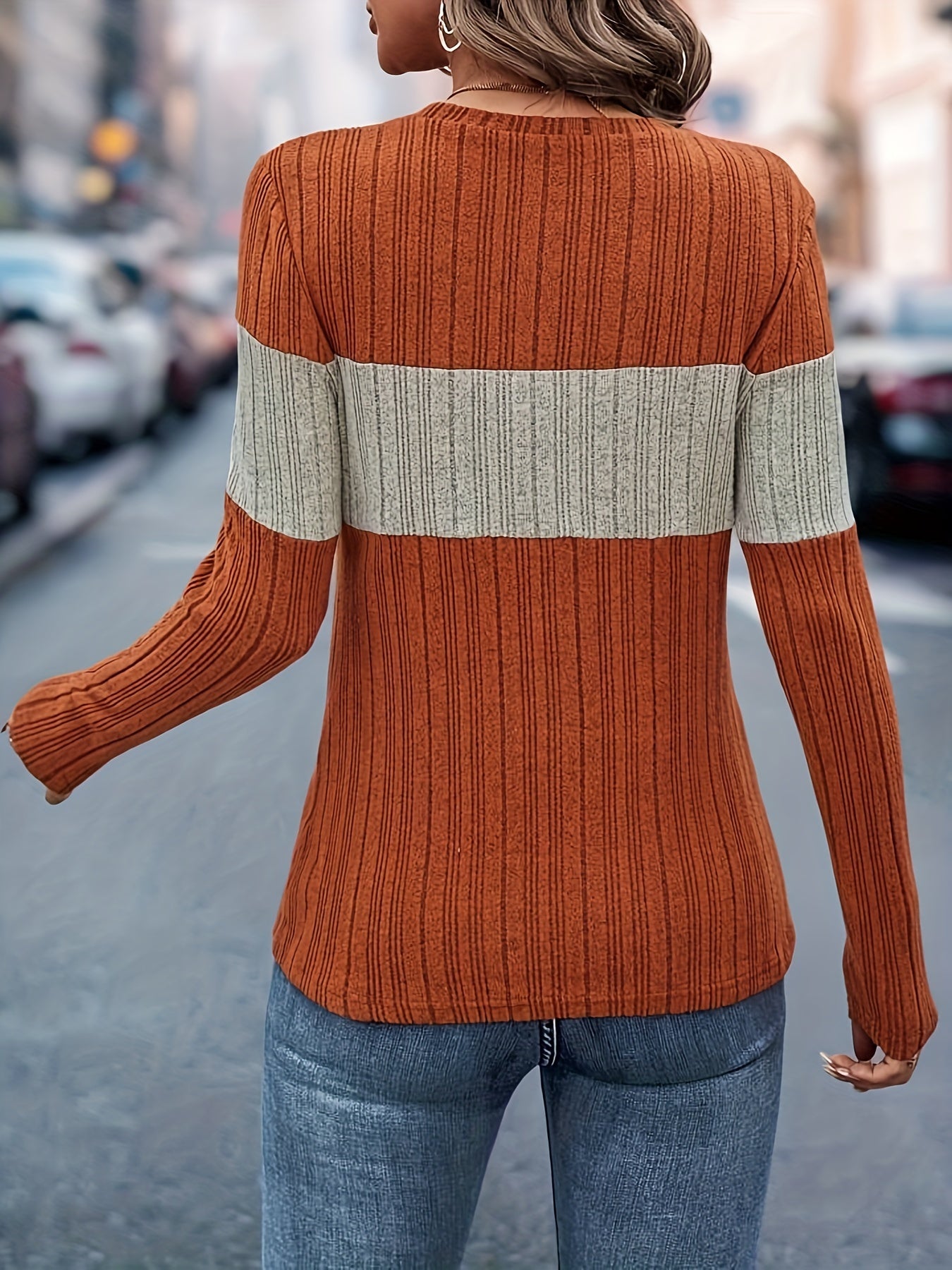Cozy Ribbed Crew Neck Sweater - Soft, Long Sleeve, Casual, Colorblock Design, Women's Fashion Clothing for Everyday Wear