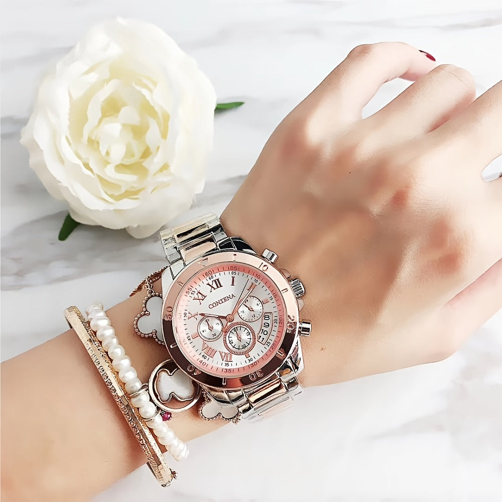 Quartz Watch For Women Stainless Steel Wrist Watch Alloy Pointer With Bracelet Set For Gifts Women daily uses Gifts For Eid