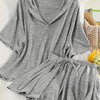 Spring/Summer Women'S Casual Set: Short-Sleeved Hoodie Top with Ribbed Hem And Elasticated Shorts