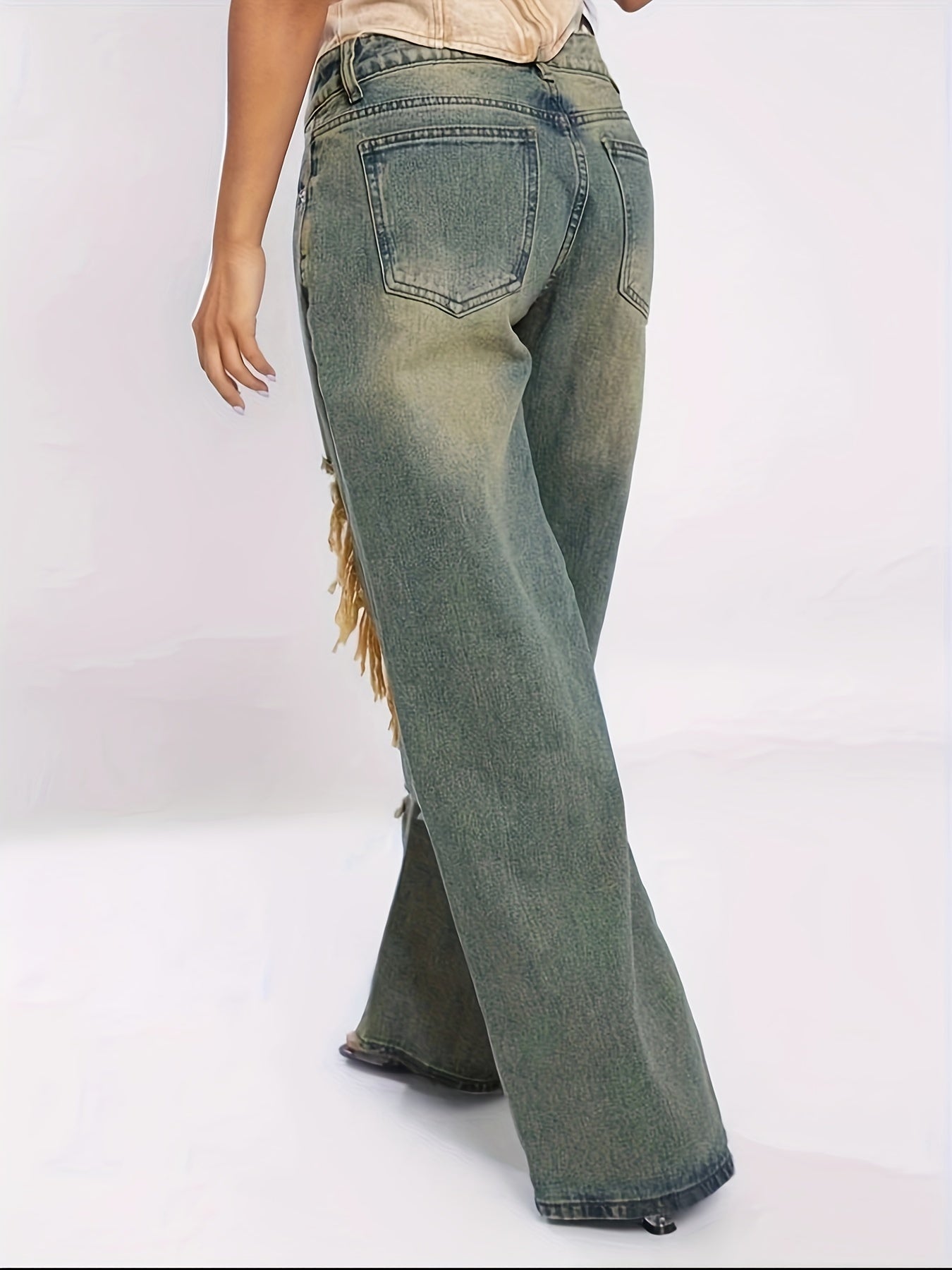 Women's High-Waisted Ripped Denim Jeans, Casual Street Style, Asymmetrical Slant Pockets, Non-Stretch Fabric, Solid Color, Long Length, All-Season Woven Cargo Pants