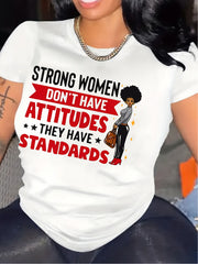 "Women's Motivational T-Shirt - 'Strong Women Have Standards' Print, Short Sleeve Round Neck Casual Top, Red & Black, Soft & Breathable Summer Tee", Ladies T Shirts