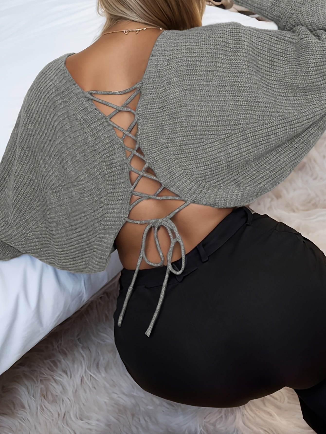 Women'S Elegant Solid Color Crew Neck Sweater with Tie Back Batwing Sleeves, 100% Acrylic Knit Fabric, Long Sleeve Top for Spring/Fall Season