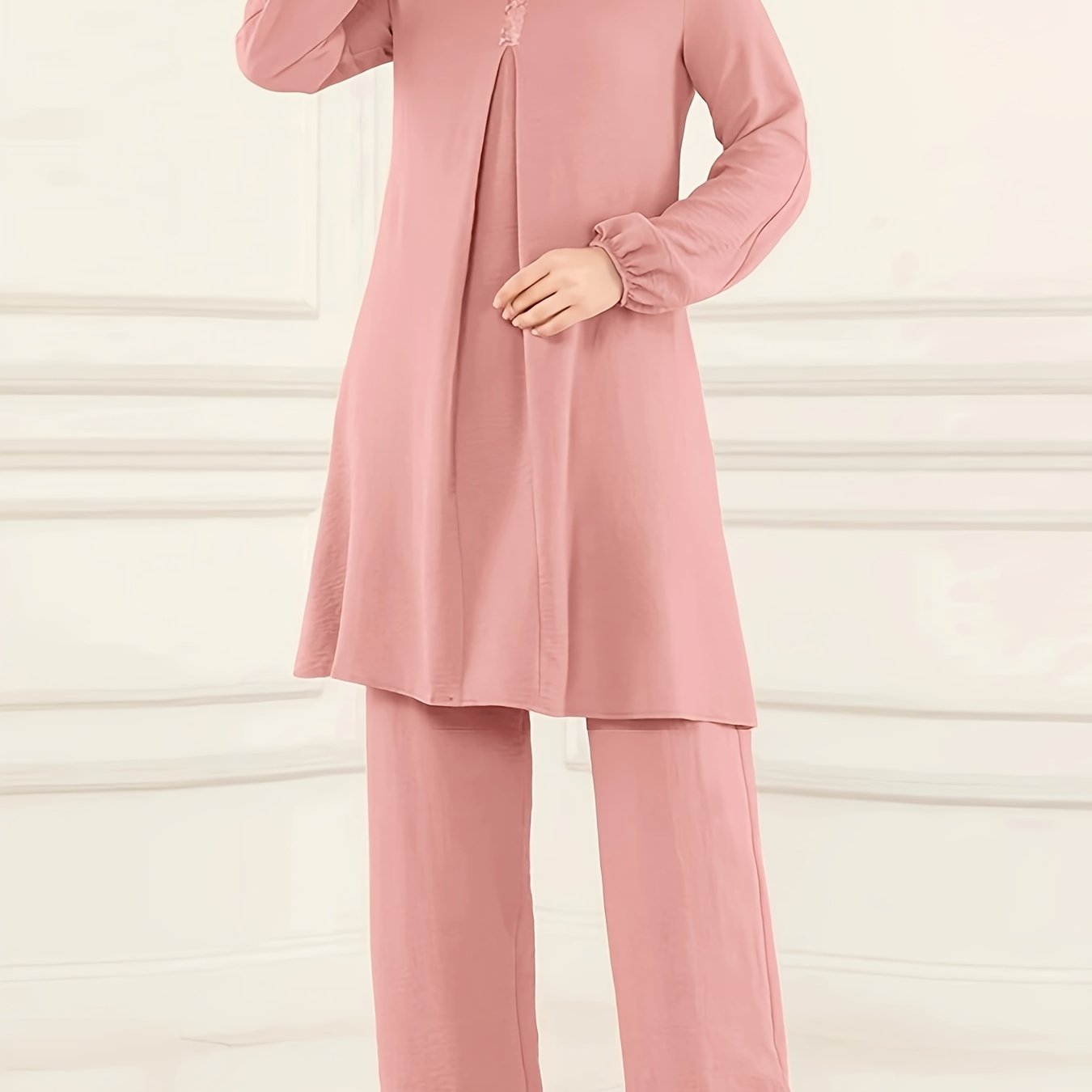 Ramadan Elegant Solid Muslim Two-piece Set, Long Sleeve Crew Neck Top & Straight Leg Pants Outfits, Women's Clothing