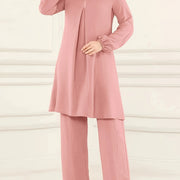 Ramadan Elegant Solid Muslim Two-piece Set, Long Sleeve Crew Neck Top & Straight Leg Pants Outfits, Women's Clothing