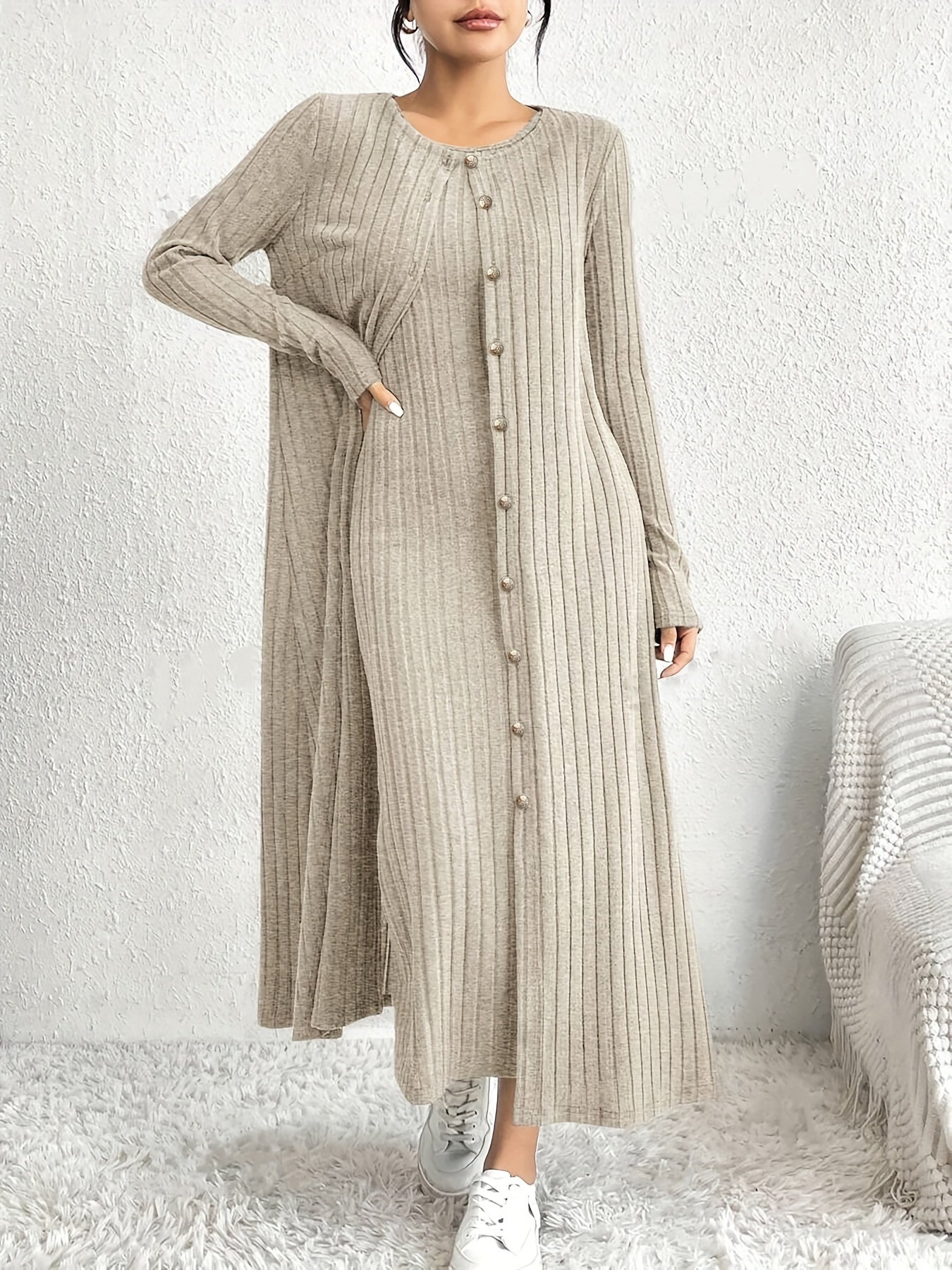 2pcs Set of Elegant Special Women's Ribbed Knit Long Sleeve Cardigan Dress
