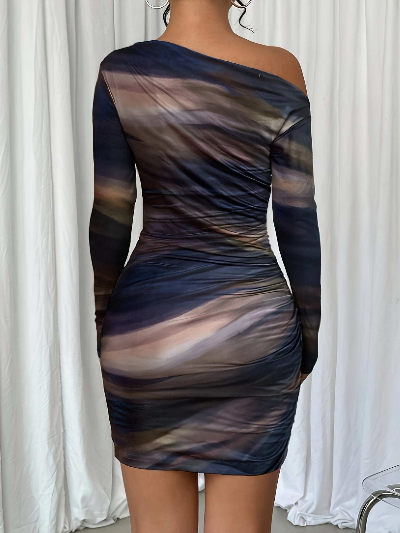 Elegant Asymmetrical Neck Tie-Dye Long Sleeve Bodycon Dress - Green & Black Marble Pattern, Skinny Fit, Perfect for Adult Women, Stylish Evening Attire|Asymmetrical Neckline|Tie Dye Pattern
