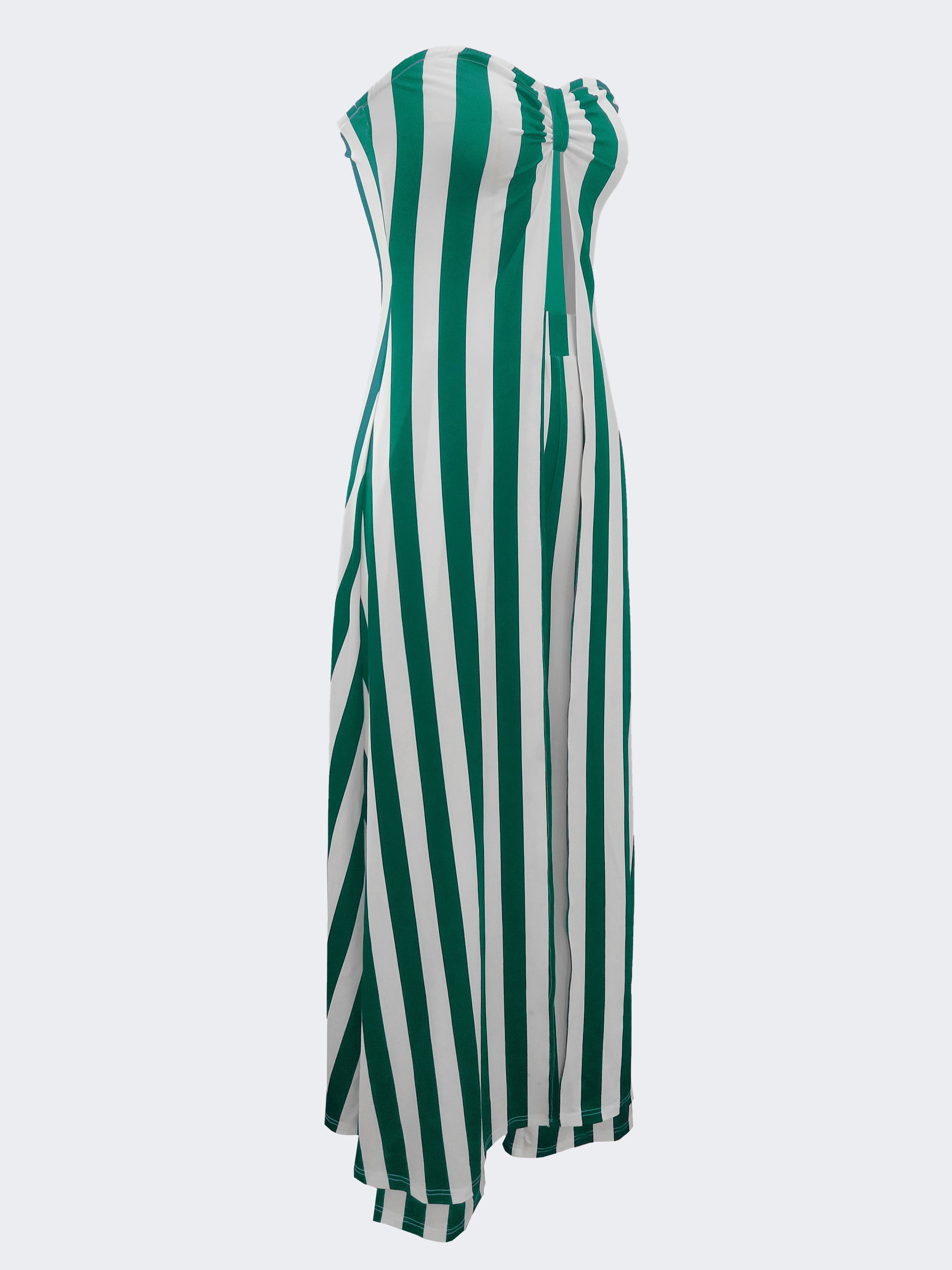 Casual Stripe Print Pants Set, Sweetheart Neck Split Hem Longline Tube Top & High Waist Flare Leg Pants Outfits, Women's Clothing