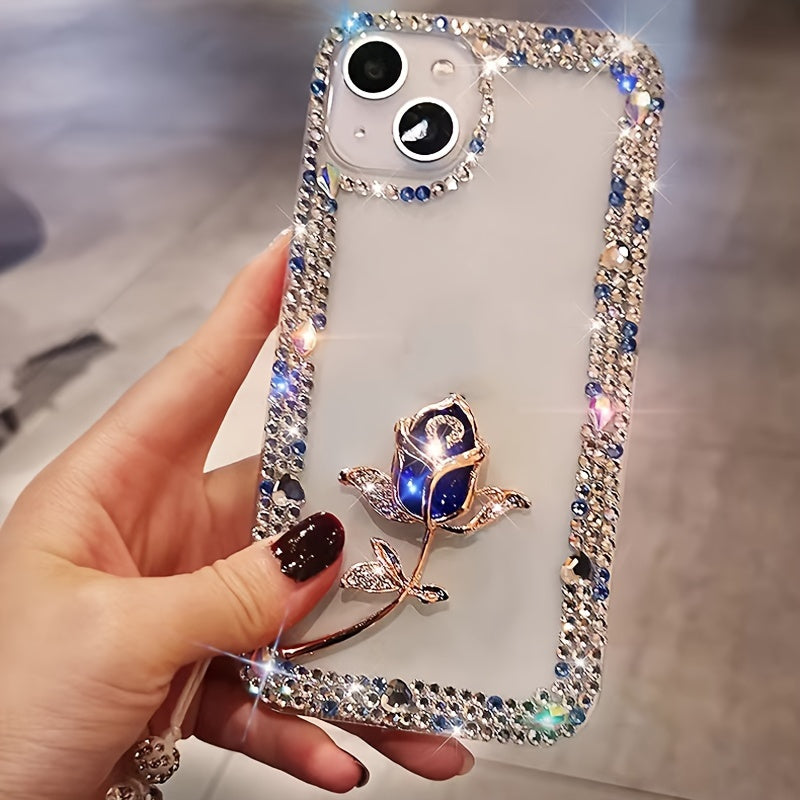 [1pc Luxurious Rose Flower Phone Case] Luxurious And Stylish Three-Row Glass Hardware Rose Flower Phone Case with Sparkle Bracelet Strap, Suitable for Iphone 16 Pro Max, Shockproof Phone Cover.