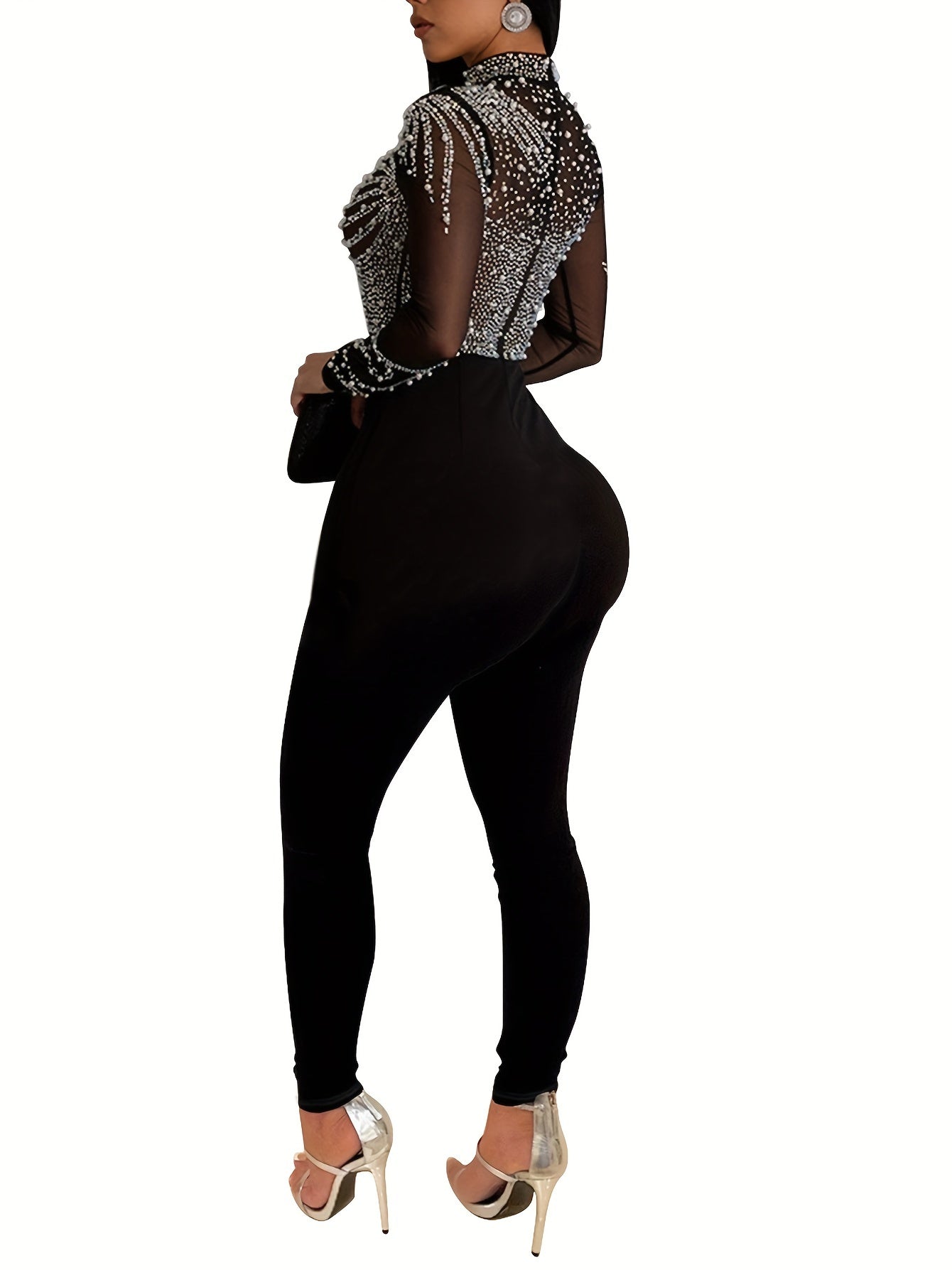 Rhinestone Illusion Neck Jumpsuit, Elegant Long Sleeve Tight Jumpsuit For Party & Club - Women's Clothing -  Sparkly Rhinestone Design -  Suitable for Evening Events & Parties - Perfect Gift for Women