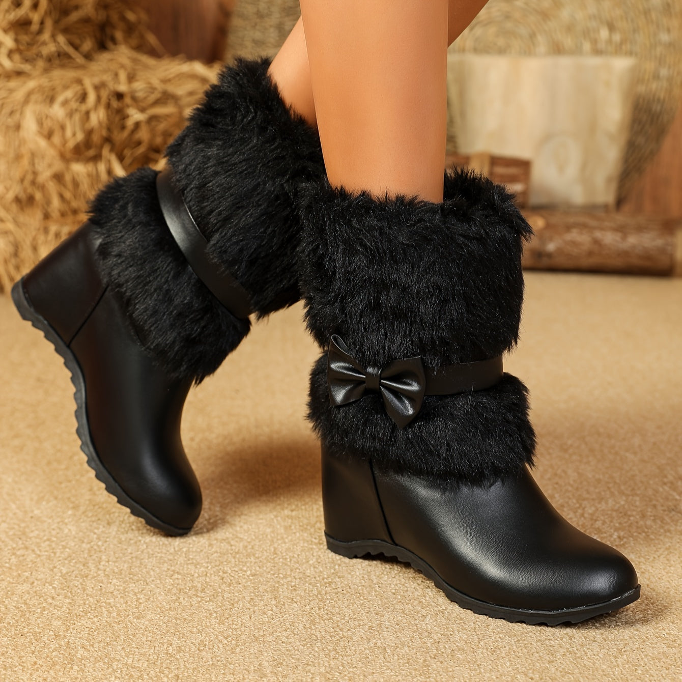Women's Plush-Lined Winter Boots - Cozy Slip-On Mid-Calf Riding Boots with Thick Sole, Round Toe, and Bow Detail in White, Black, and Pink - Perfect for Cold Weather Comfort, Snow Boots