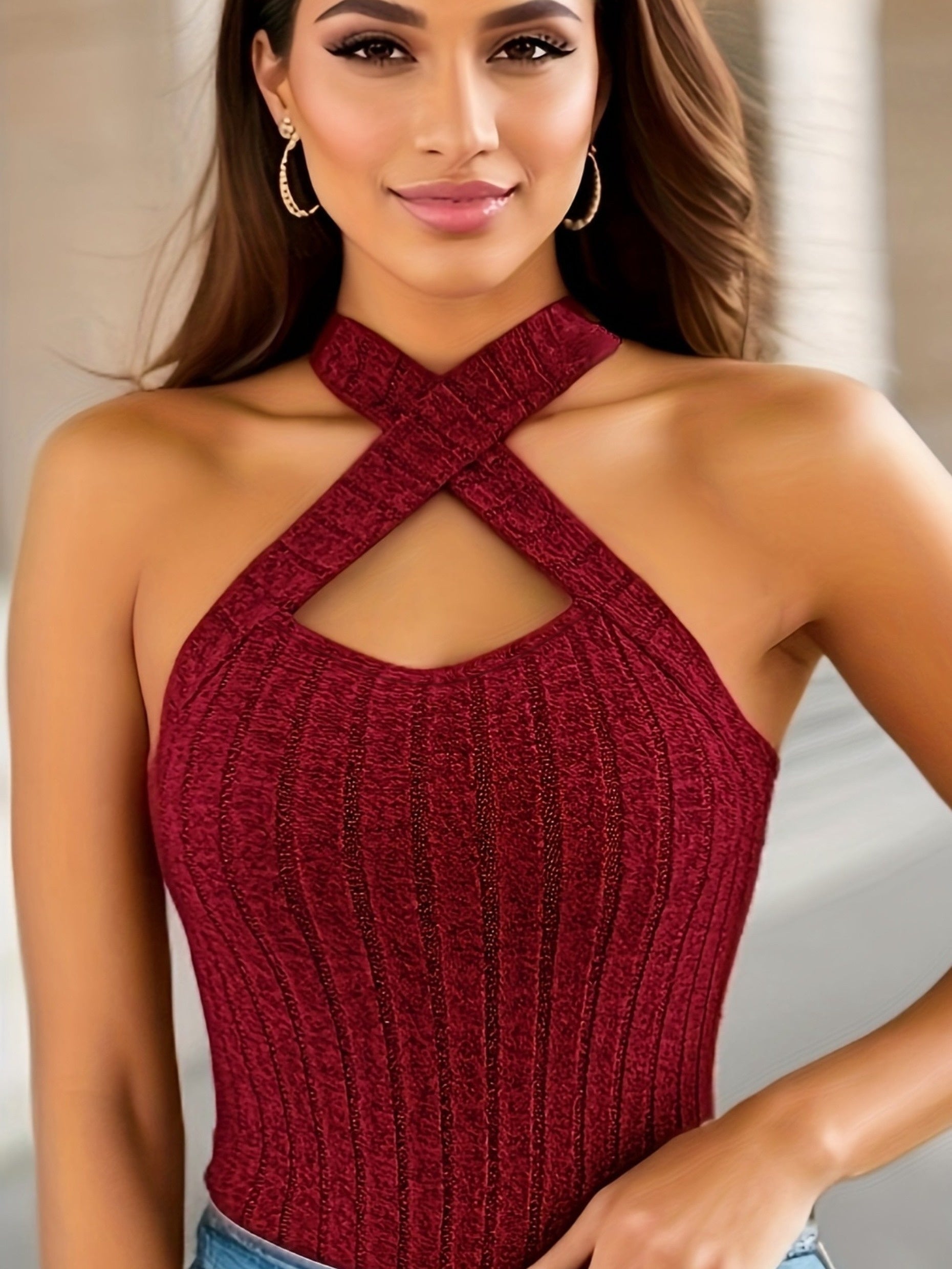 Solid Color Cross Halter Top, Versatile Sleeveless Slim Simple Top For Summer, Women's Clothing