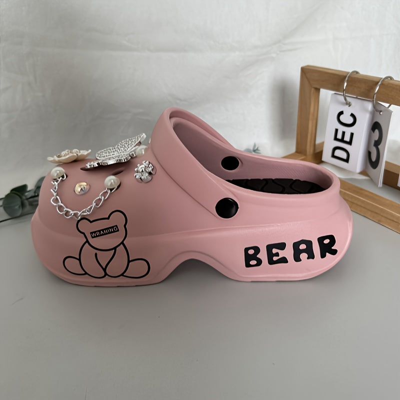 [Women's Cartoon Bear Mules Clogs] Casual Cartoon Bear Pattern Mules & Clogs for Women, Breathable EVA Platform Heel Clogs with Bow Embellishment, Versatile Indoor/Outdoor Fashion Footwear - Quanzhou Manufactured
