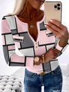 Elegant Women's Geometric Pattern T-Shirt - Pink & Gray, Zip Front with Decorative Buttons, Long Sleeve, Stretchy Polyester Blend, Machine Washable - Chic Top for Spring/Fall