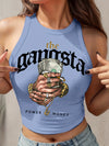 Women'S "The Gangsta" Graphic Crop Top Tank Top - Sleeveless, Light Blue with Money & Handshake Design, Casual Summer Tee for Adults, Casual Attire | Playful Print | Polyester Blen