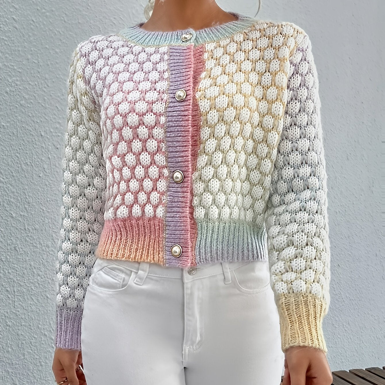 Elegant Multicolor Gradient Knit Cardigan with Button Detail - Cozy Polyester, Round Neck, Long Sleeve - Perfect for Fall & Winter