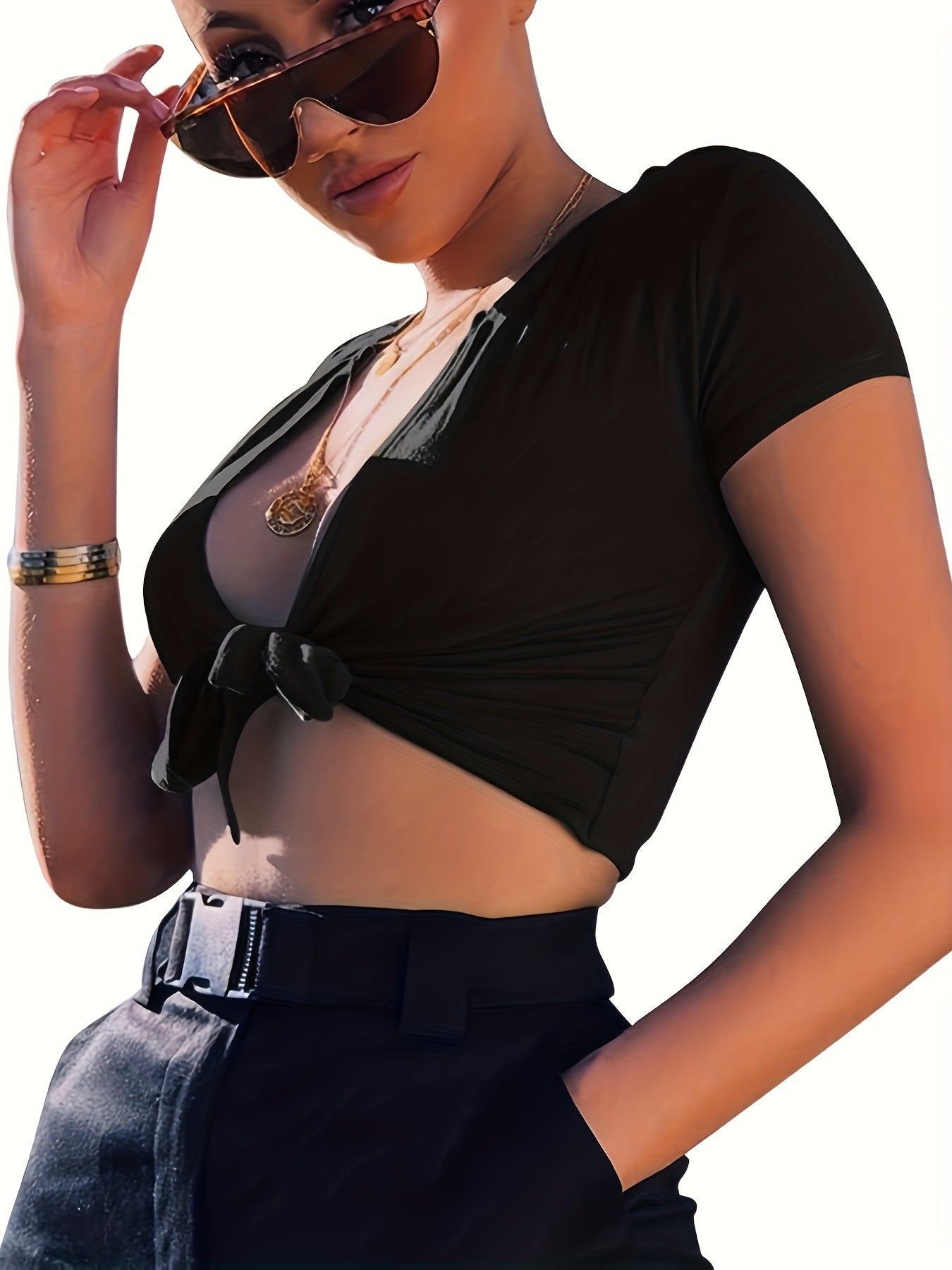 Tie Front Crop Short Sleeve T-shirt, Sexy Solid Color Top For Spring & Summer, Women's Clothing